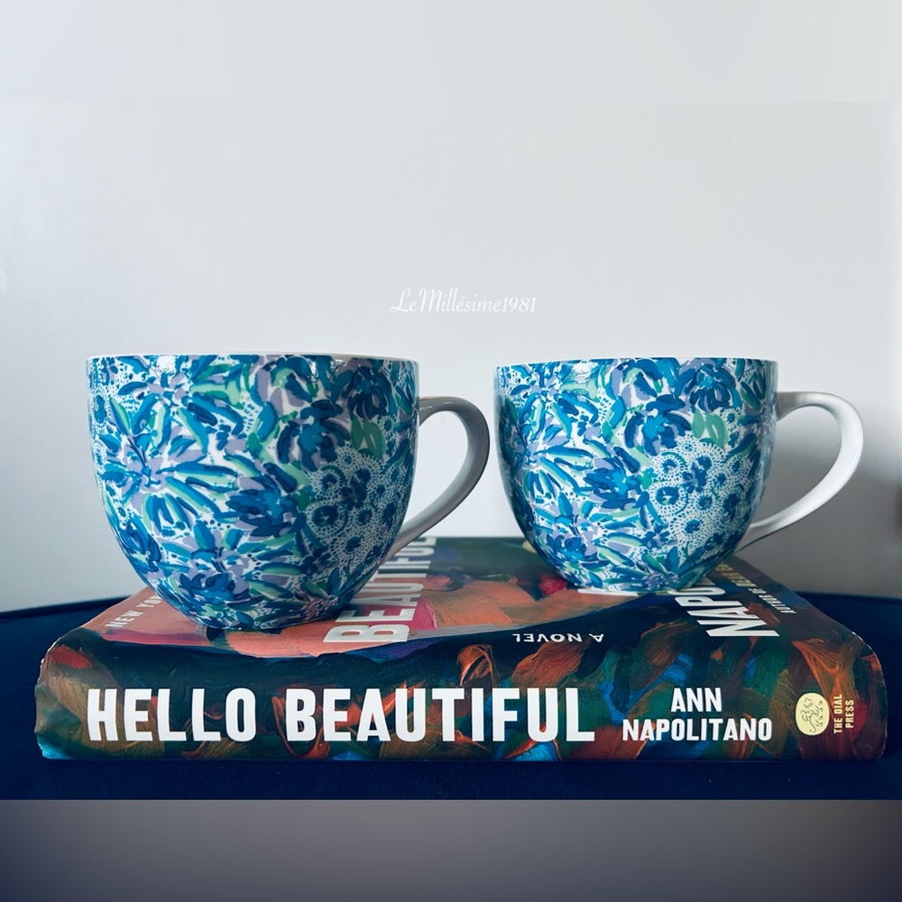 Set of 2 Lily Pulitzer Floral Coffee Tea Mugs Blue Purple Green Gold Accents